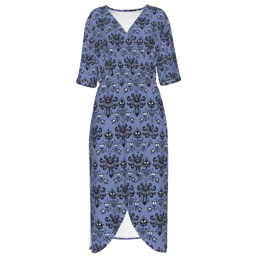 Spooky Mansion Wallpaper - Women’s V-Neck Wrap Midi Dress