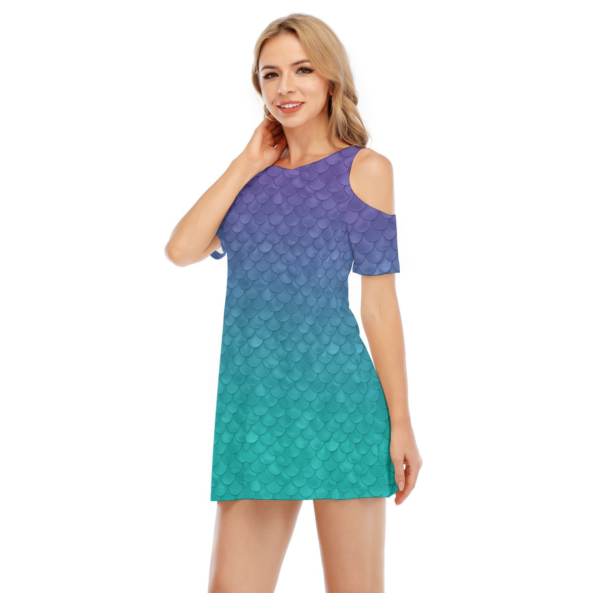 Dreamy Mermaid Scales - Women's Cold Shoulder Cotton Dress