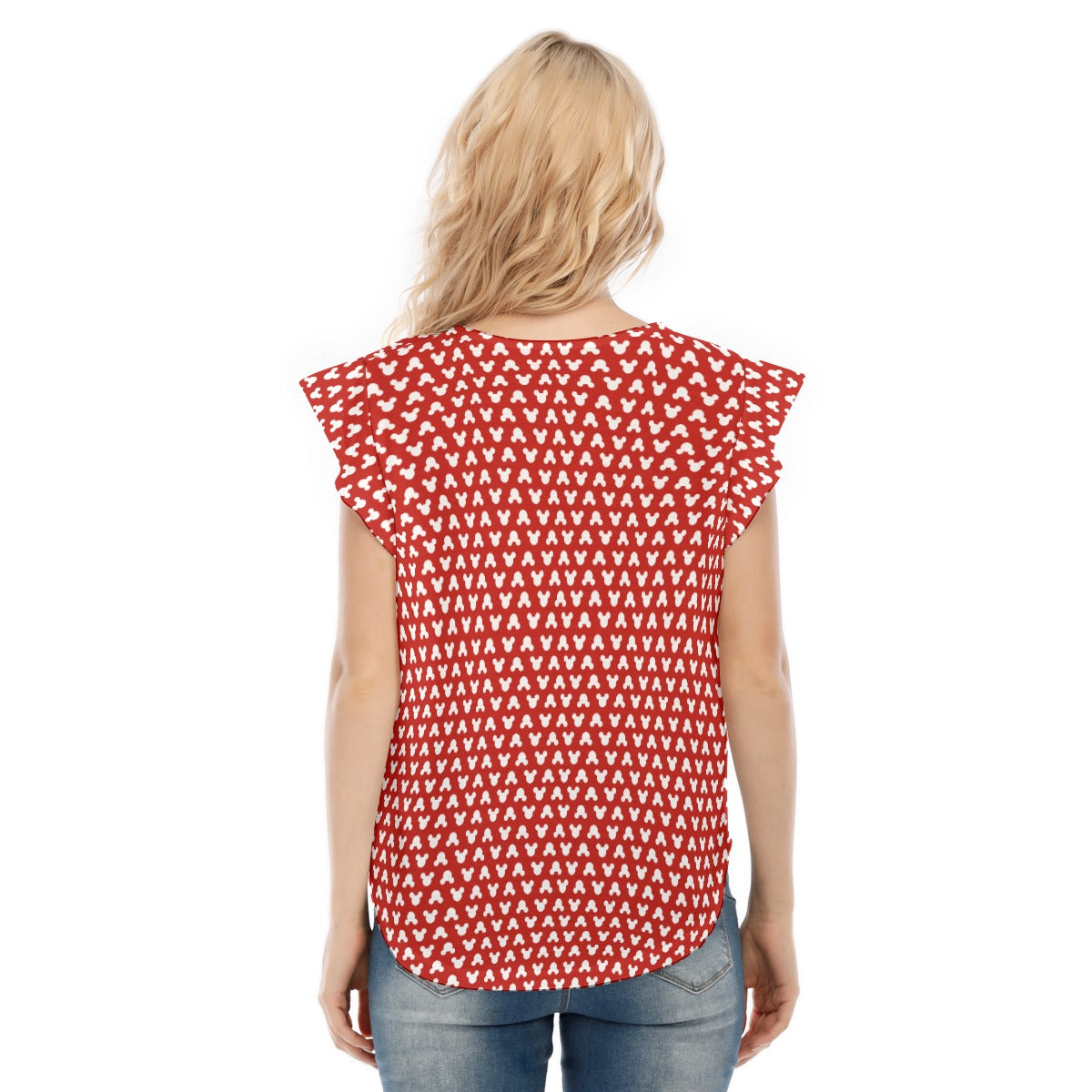 Playful Polka Dot Ears Red - Women’s Flutter Sleeve Top