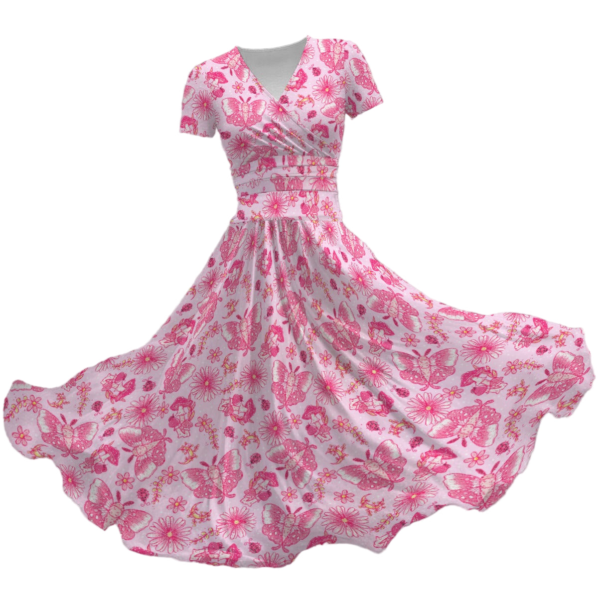 Pink Mushroom Moths - Women's V-Neck Ruched Midi Dress