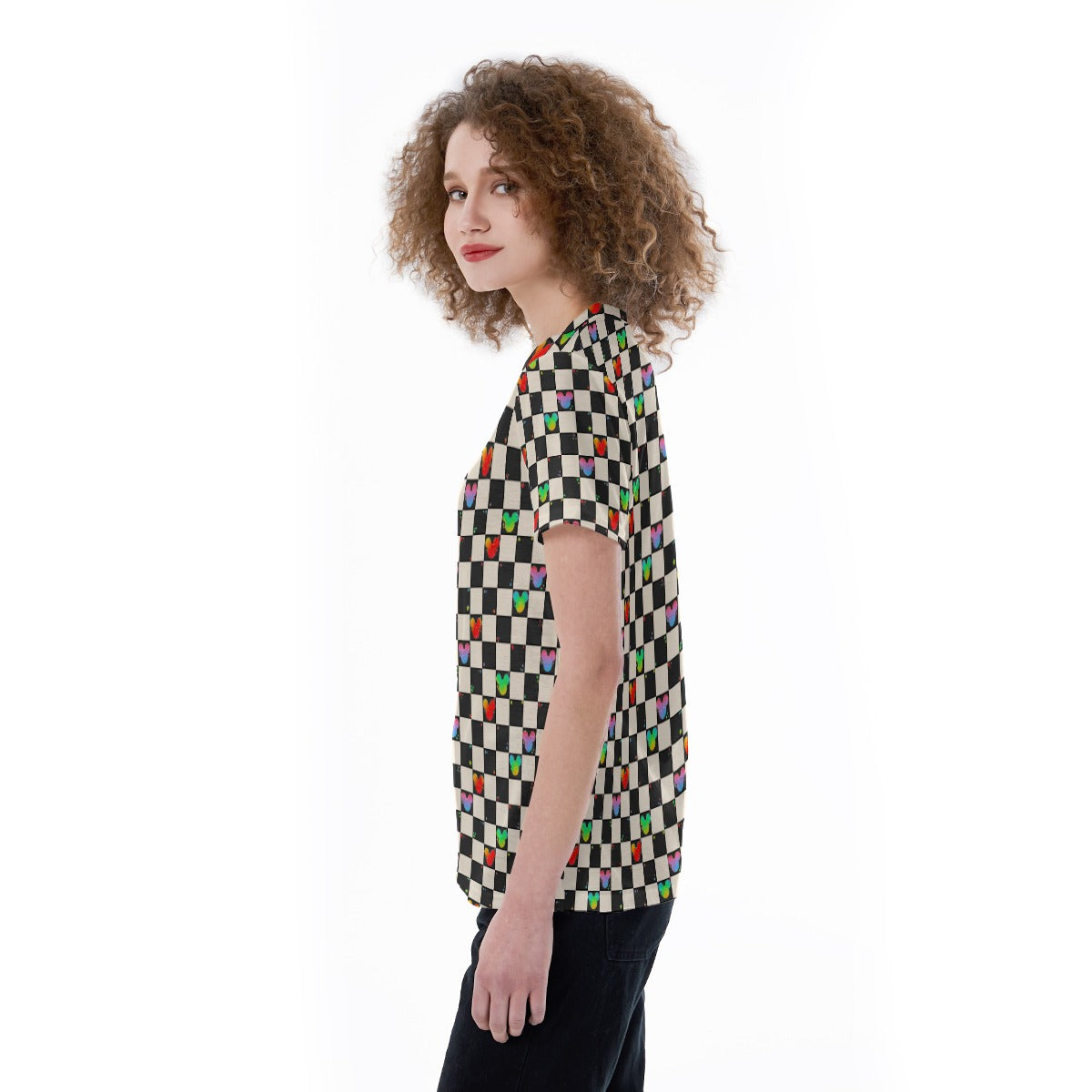 Rainbow Checker Mouse Ears - Women's Short Sleeve V-Neck T-Shirt