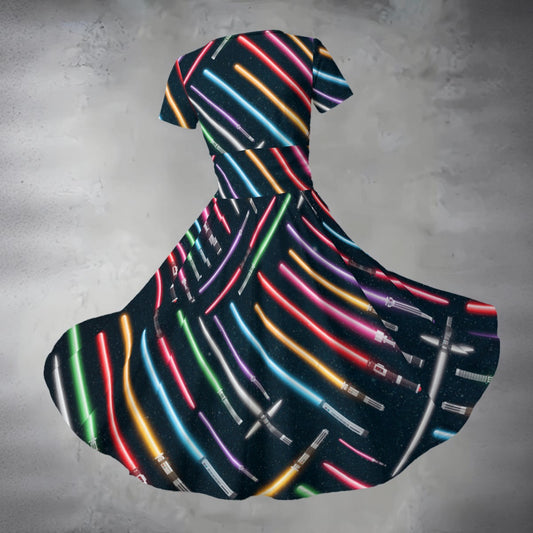 Vibrant Galaxy Sabers - Women's V-Neck Ruched Midi Dress