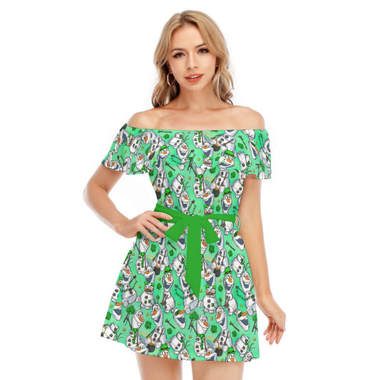 Sketched Snowman St. Patrick’s Day - Women's Off-shoulder Ruffle Dress