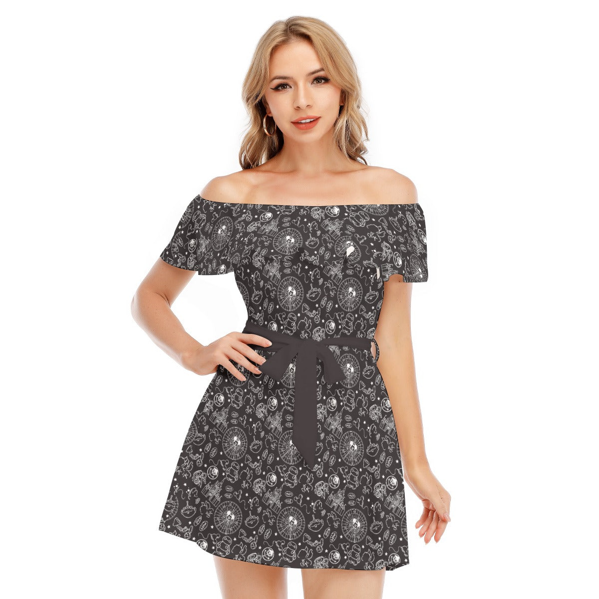 Monochrome Theme Park Icons - Women's Off-shoulder Ruffle Dress