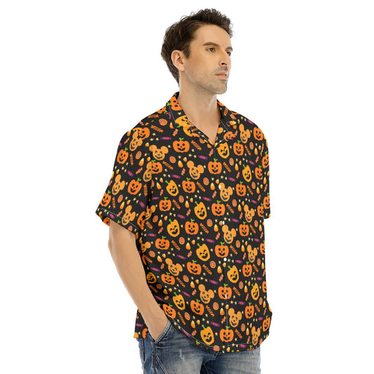Cheerful Pumpkin Mouse Halloween - Men's Hawaiian Button Up Shirt