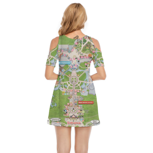 Vibrant Fantasy Park Map - Women's Cold Shoulder Cotton Dress