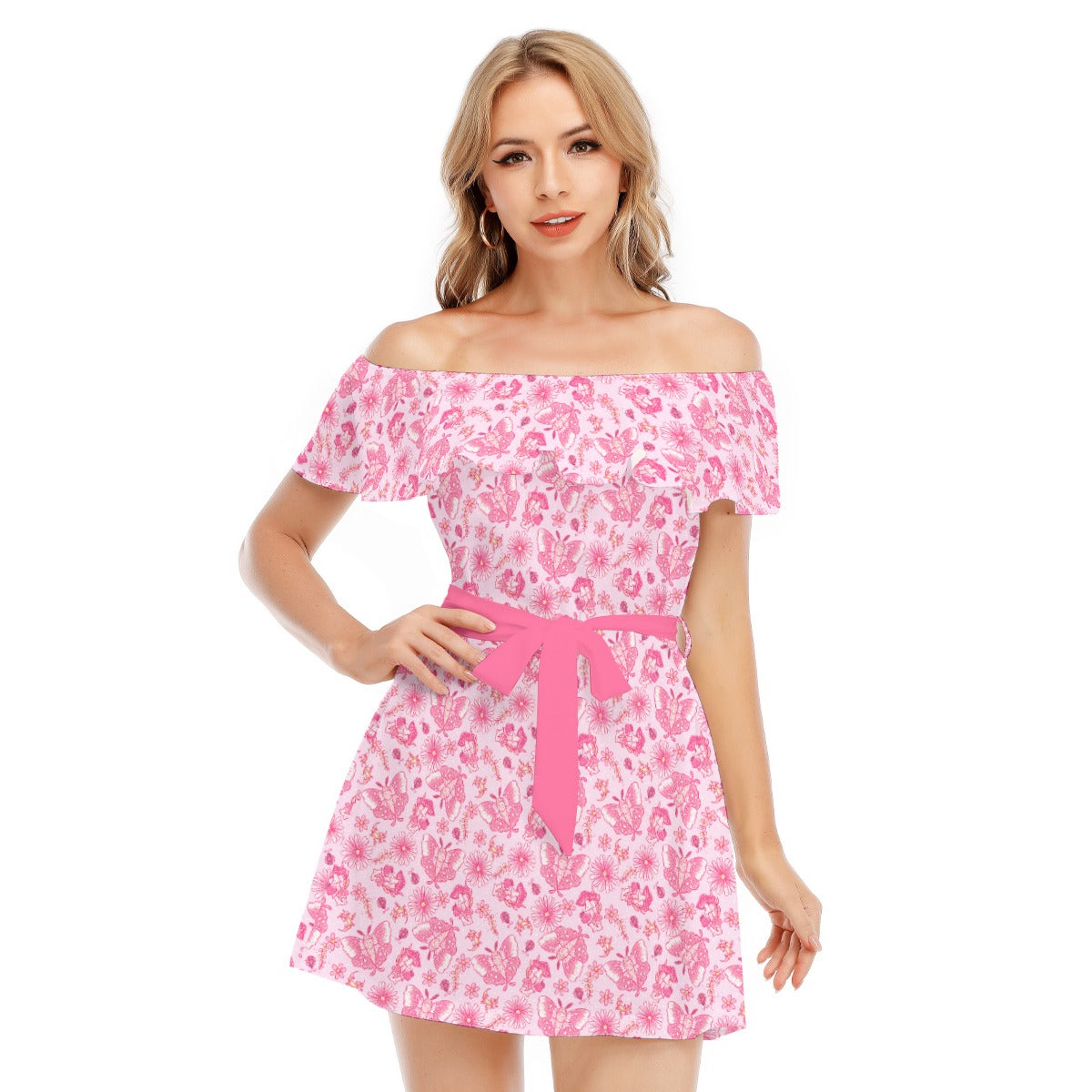 Pink Mushroom Moths - Women's Off-shoulder Ruffle Dress
