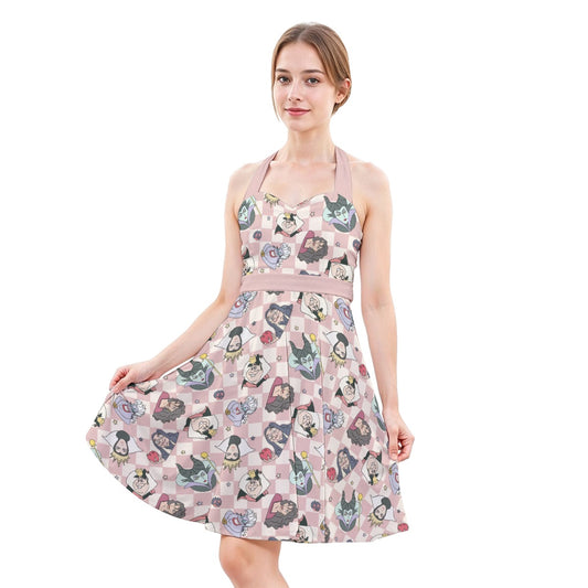 Pink Checkerboard Villains - Women's Halter Vintage Pocket Dress