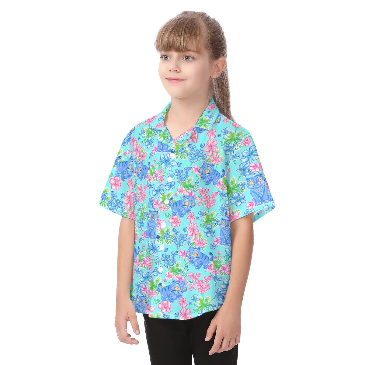 Derpy Tiger Blooms - Kid's Hawaiian Button Up Shirt