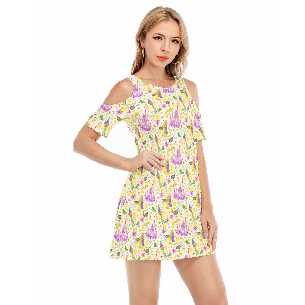 Watercolor Golden Hair Kingdom - Women's Cold Shoulder Cotton Dress