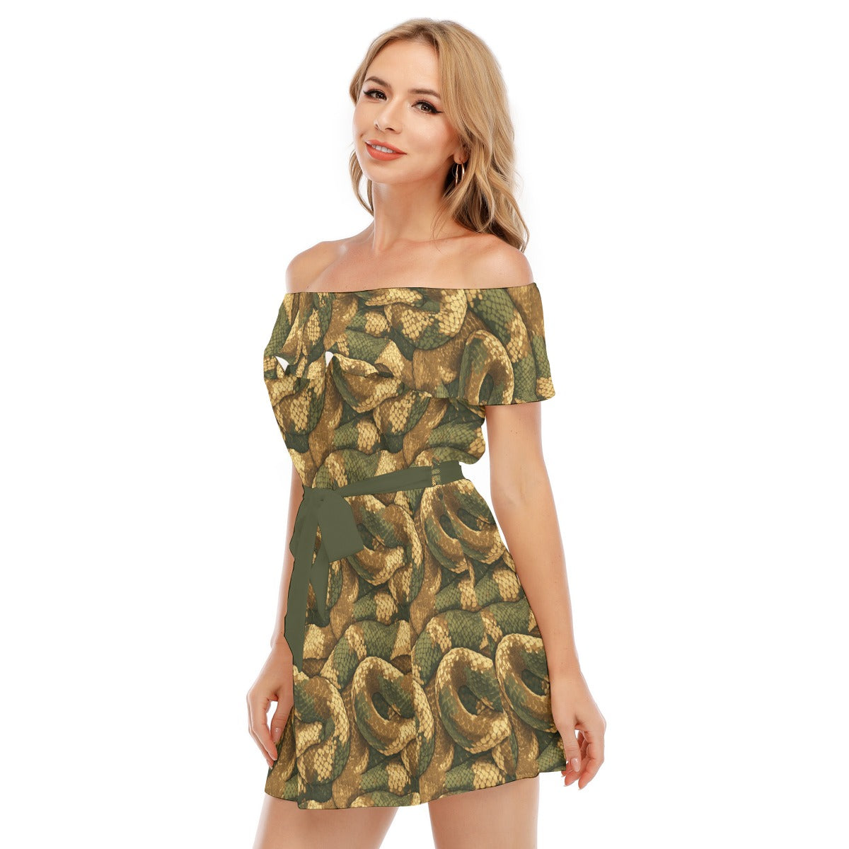 Animal Print - Snake - Women's Off-shoulder Ruffle Dress