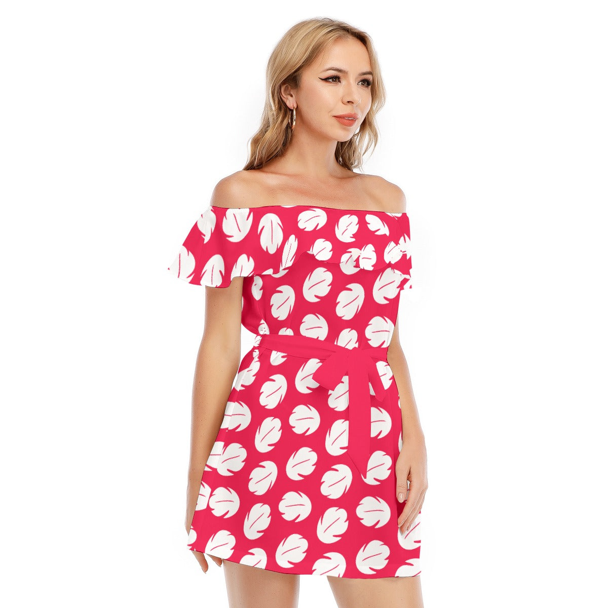 Island Leaf Print - Women's Off-shoulder Ruffle Dress
