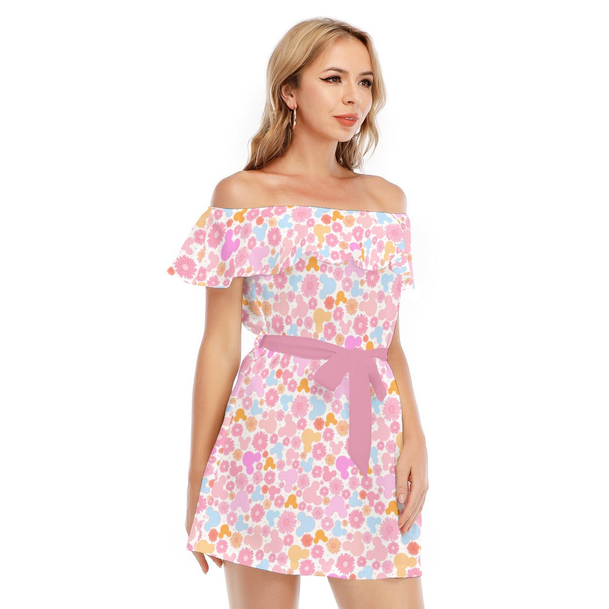 Retro Floral Mouse - Women's Off-shoulder Ruffle Dress