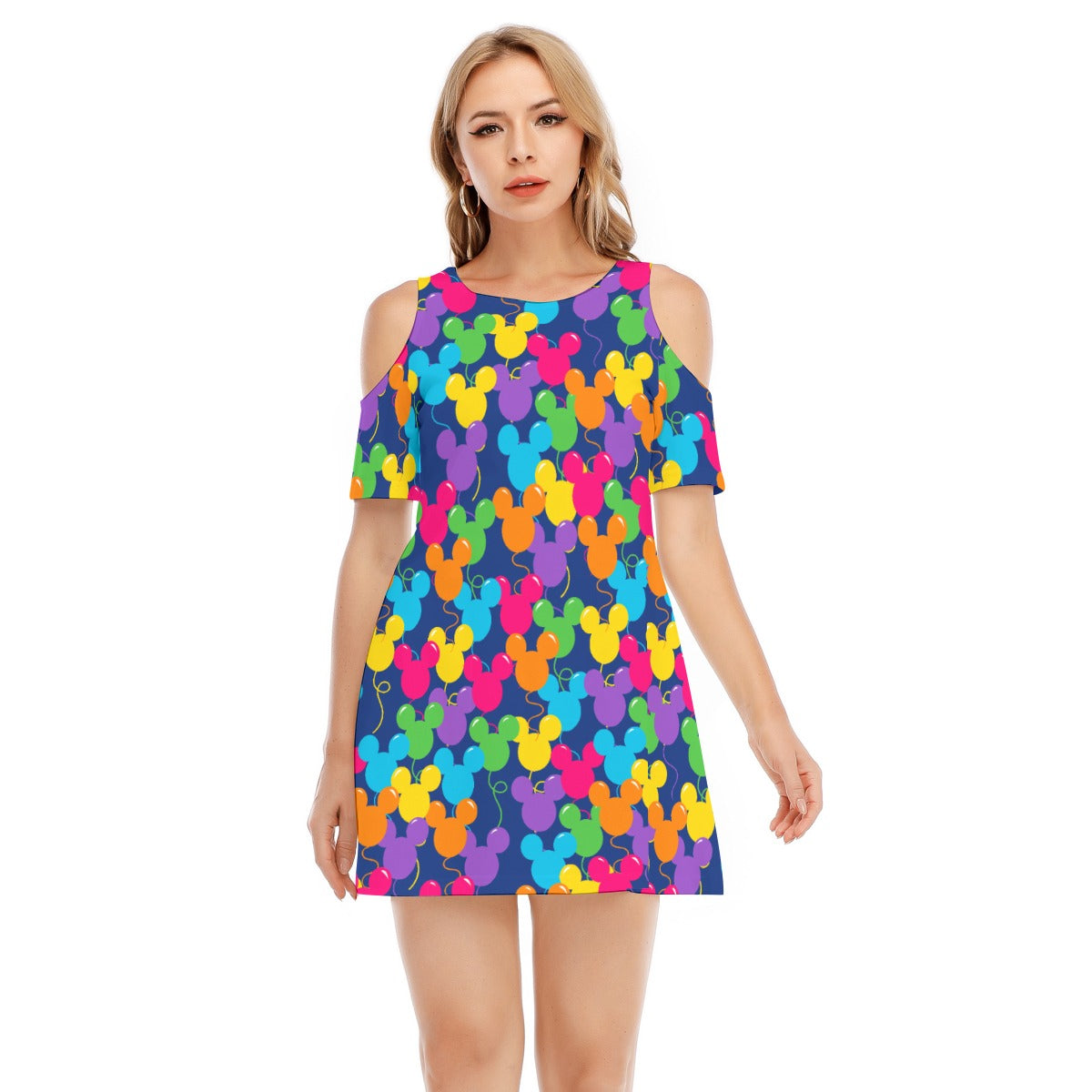 Bright Mouse Ear Balloons - Women's Cold Shoulder Cotton Dress
