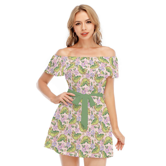 Cheerful Caterpillar Garden - Women's Off-shoulder Ruffle Dress