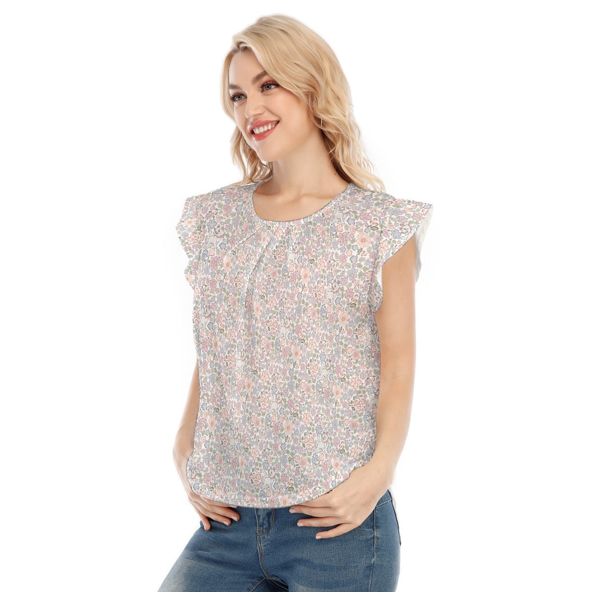 Springtime Kitten Garden Elegance - Women’s Flutter Sleeve Top