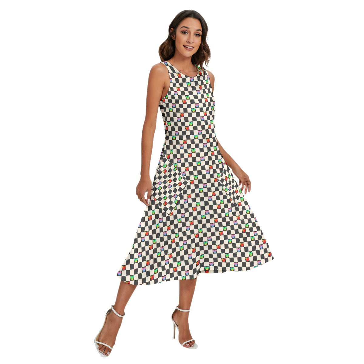 Rainbow Checker Mouse Ears - Women’s Diagonal Pocket Midi Dress