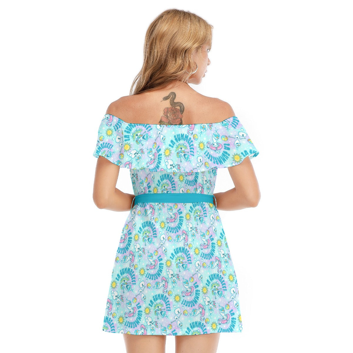 Sun-Kissed Snow Friend - Women's Off-shoulder Ruffle Dress