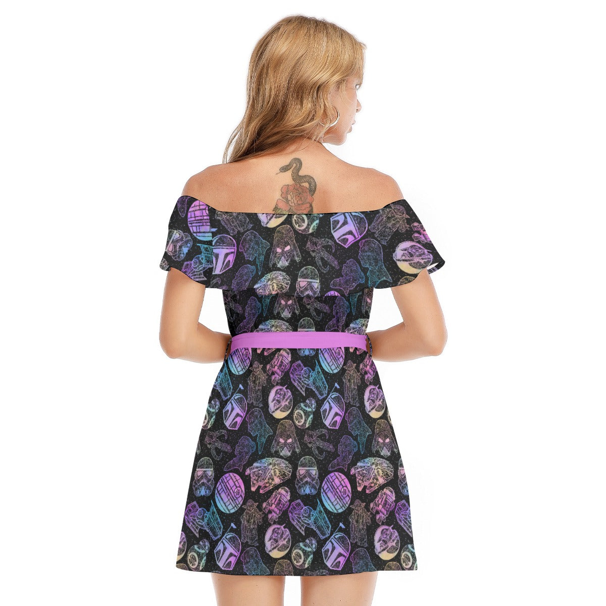 Watercolor Galactic Mandalas - Women's Off-shoulder Ruffle Dress