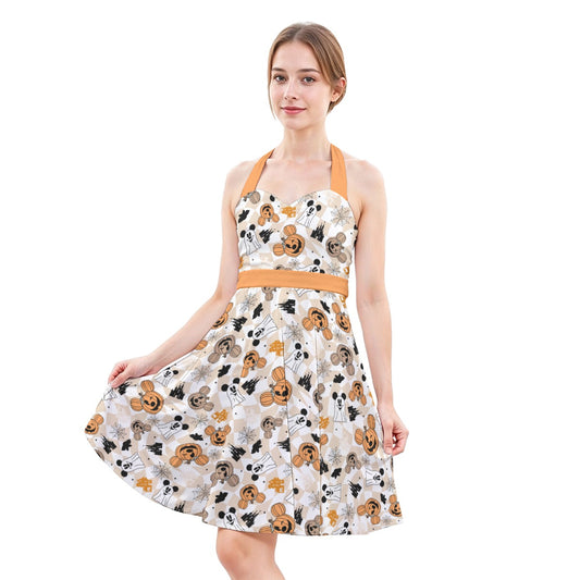 Checkered Halloween Ghosts & Pumpkinskins - Women's Halter Vintage Pocket Dress