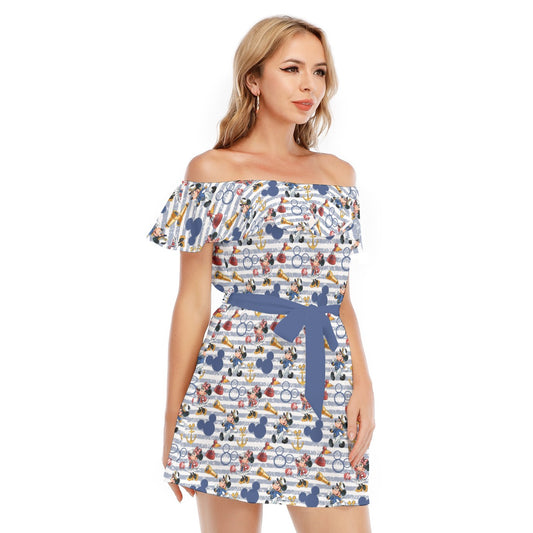 Captain and First Mate at Sea - Women's Off-shoulder Ruffle Dress