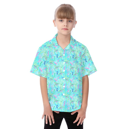 Neon Floral Baby Turtle - Kid's Hawaiian Button Up Shirt