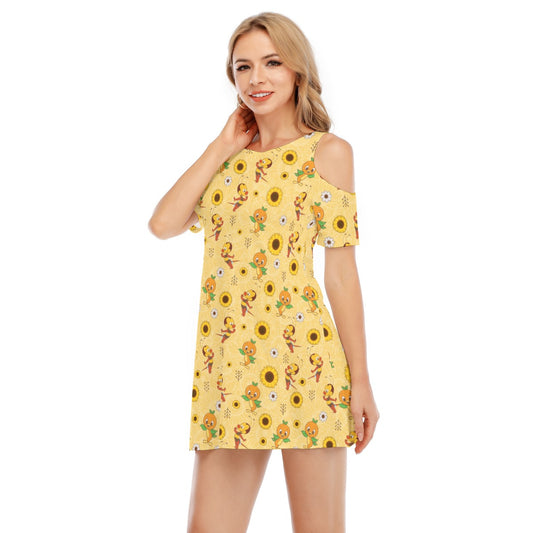 Cheerful Bee & Citrus Bird - Women's Cold Shoulder Cotton Dress