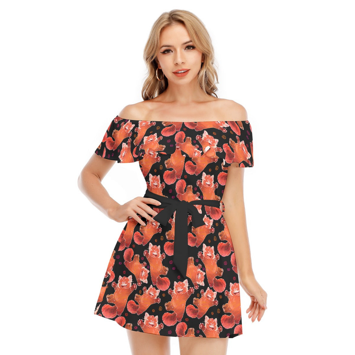 Scribbly Red Panda - Women's Off-shoulder Ruffle Dress