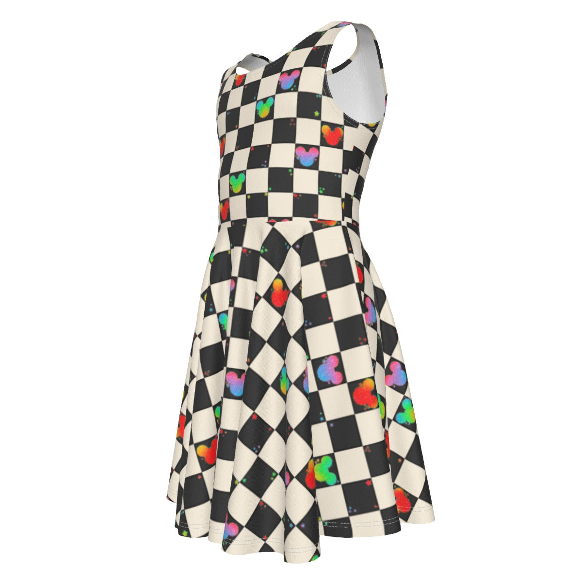 Rainbow Checker Mouse Ears - Kid's Sleeveless Skater Dress