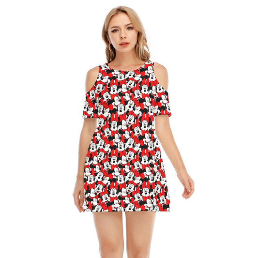 Many Faces of Polka Dot Mouse - Women's Cold Shoulder Cotton Dress