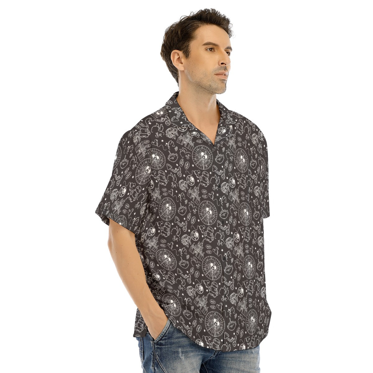 Monochrome Theme Park Icons - Men's Hawaiian Button Up Shirt