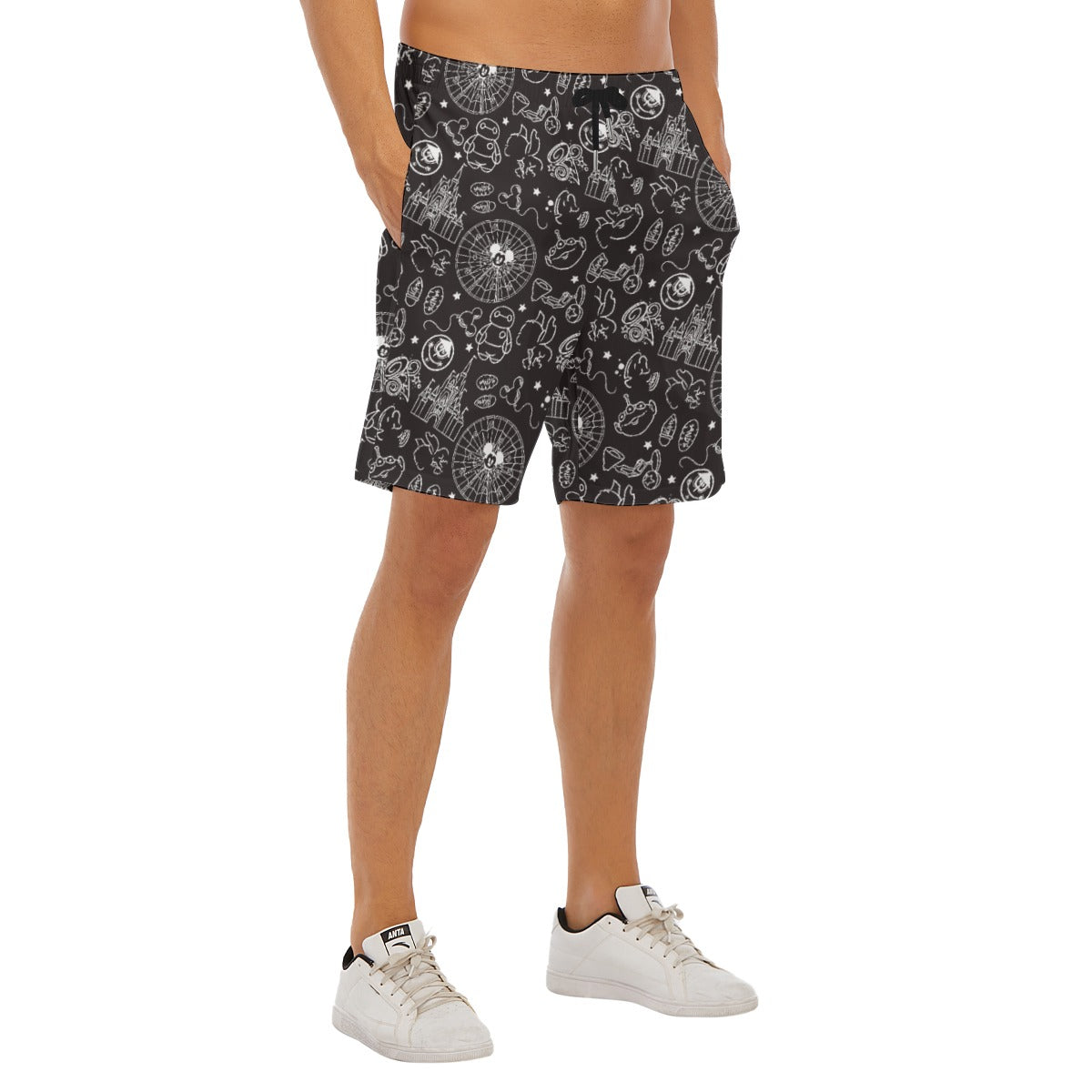 Monochrome Theme Park Icons - Men’s Pocket Beach Shorts