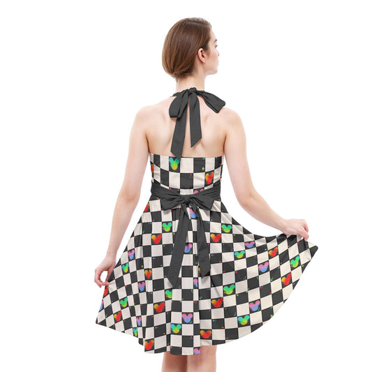 Rainbow Checker Mouse Ears - Women's Halter Vintage Pocket Dress