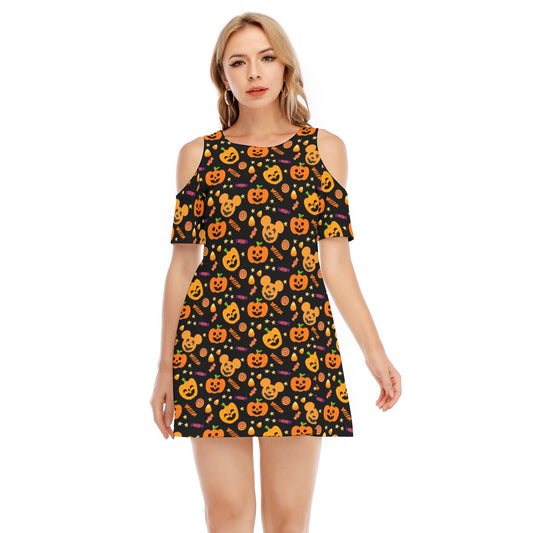 Cheerful Pumpkin Mouse Halloween - Women's Cold Shoulder Cotton Dress
