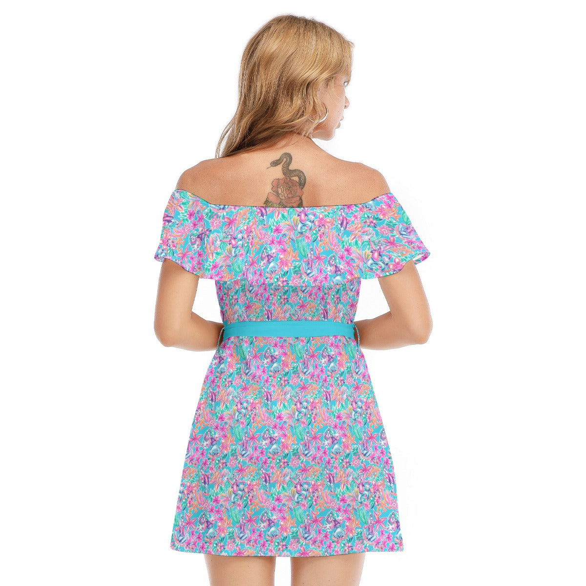 Tropical Bloom Fiesta - Playful Duo - Women's Off-shoulder Ruffle Dress