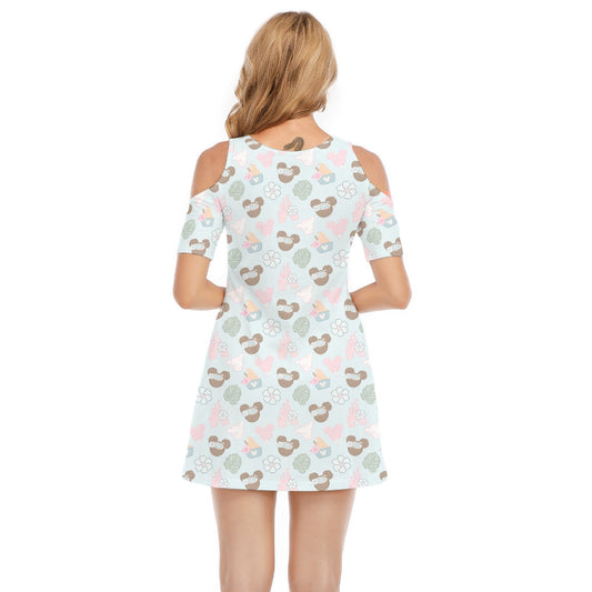 Pastel Island Treats - Women's Cold Shoulder Cotton Dress