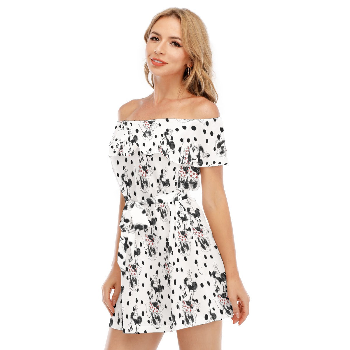 Sketch of Polka Dot Mouse - Women's Off-shoulder Ruffle Dress