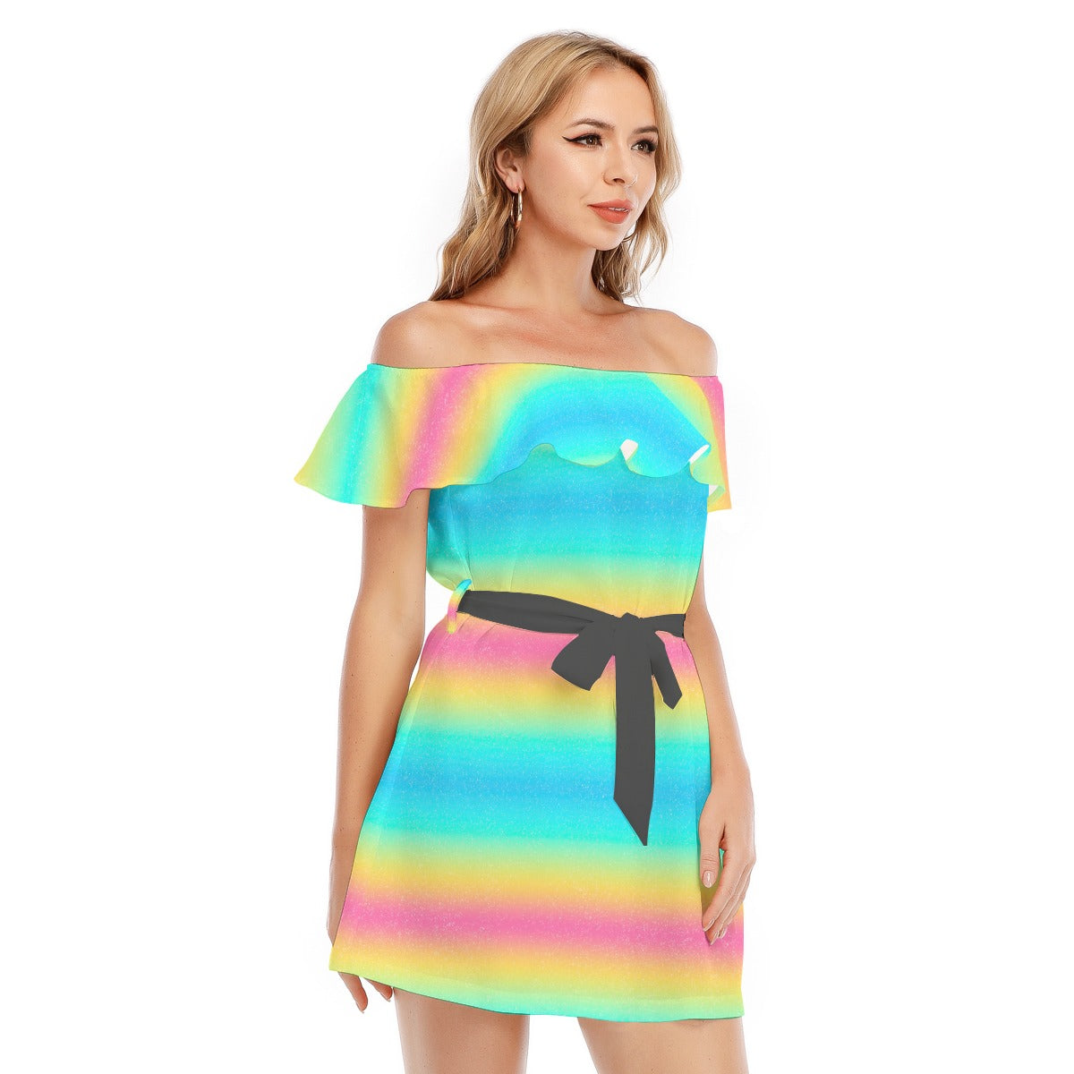 Rainbow Ombre - Women's Off-shoulder Ruffle Dress