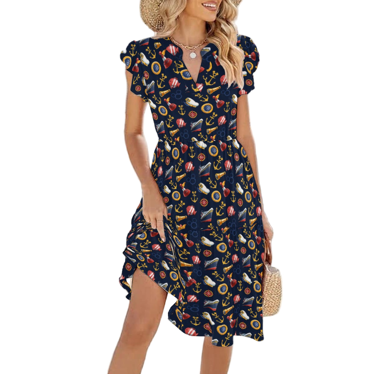 Mouse Ear Nautical Icons - Women's Tiered Pocket Midi Dress