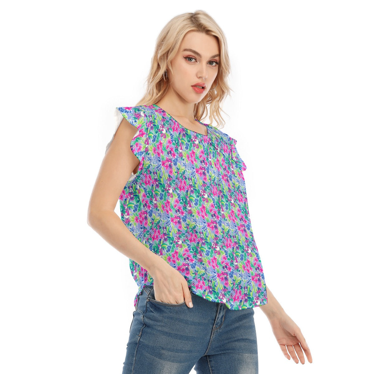 Bright Tropical Bliss - Island Mouse Duo - Women’s Flutter Sleeve Top
