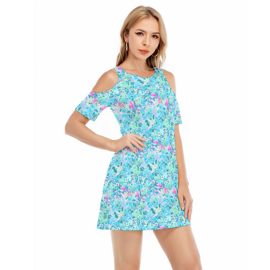 Bright Floral Flight - Neverland Adventure - Women's Cold Shoulder Cotton Dress