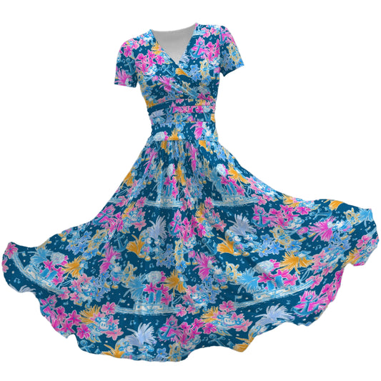 Bright Tropical Whimsy - Vintage Steamboat Captain - Women's V-Neck Ruched Midi Dress