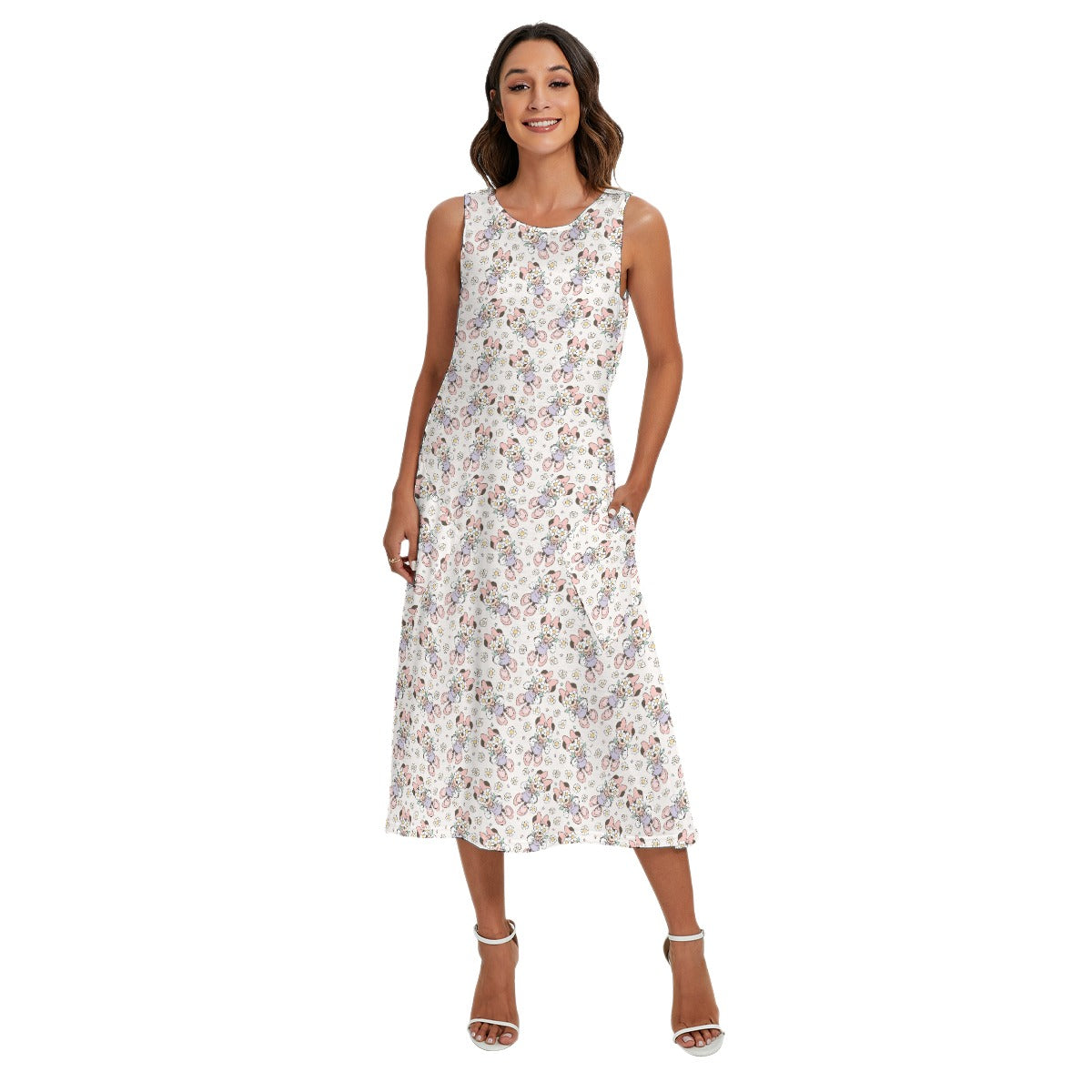Daisy Crown Delight - Women’s Diagonal Pocket Midi Dress
