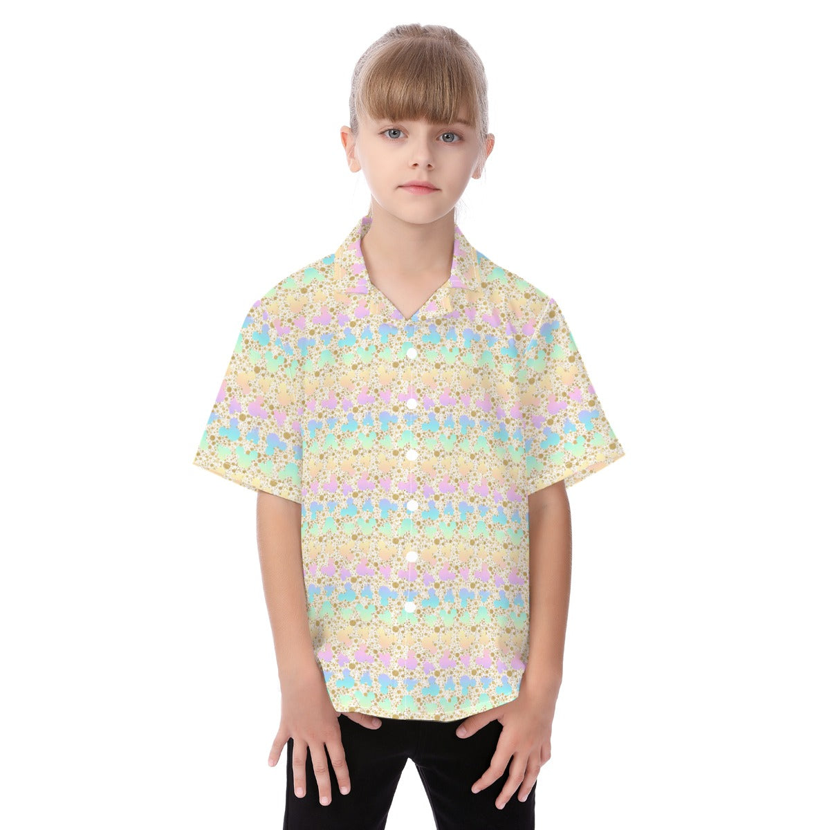 Gold Dot Rainbow Mouse Ears Castle - Kid's Hawaiian Button Up Shirt