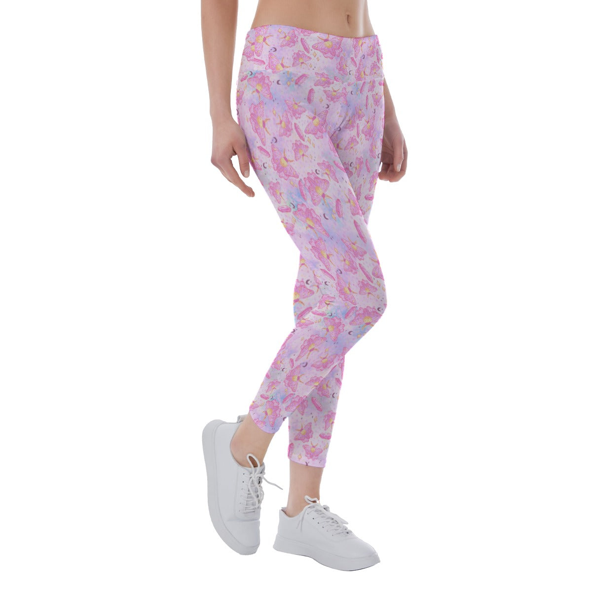 Pink Crystal Lunar Moths - Women's Yoga Leggings