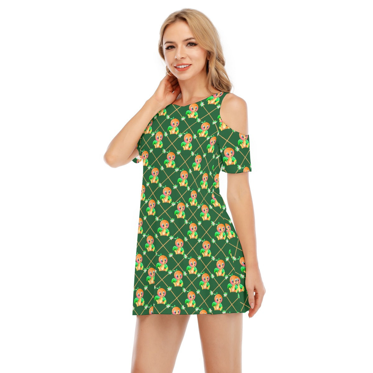 Geometric Citrus Delight - Women's Cold Shoulder Cotton Dress