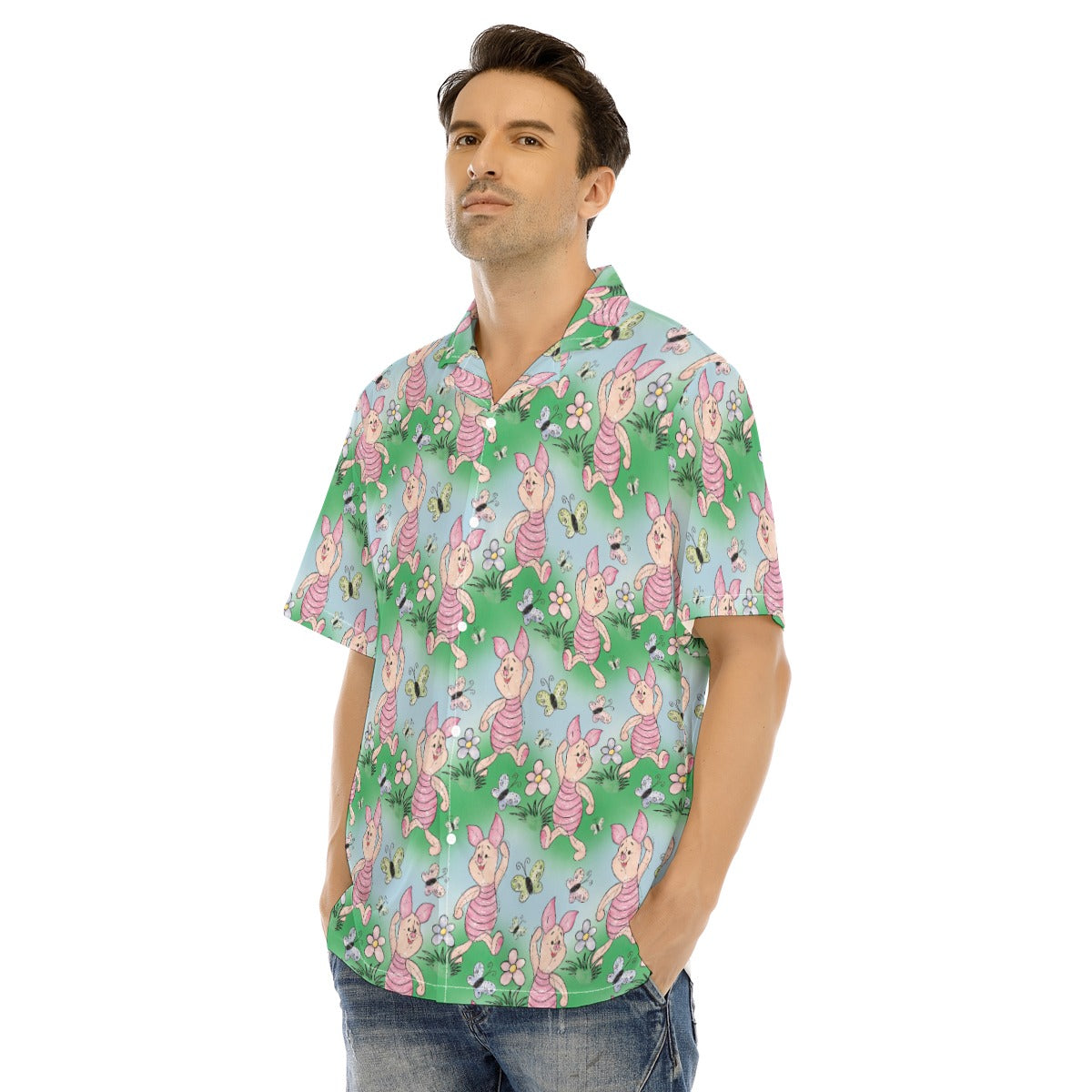 Sketched Shy Friend and Butterflies - Men's Hawaiian Button Up Shirt