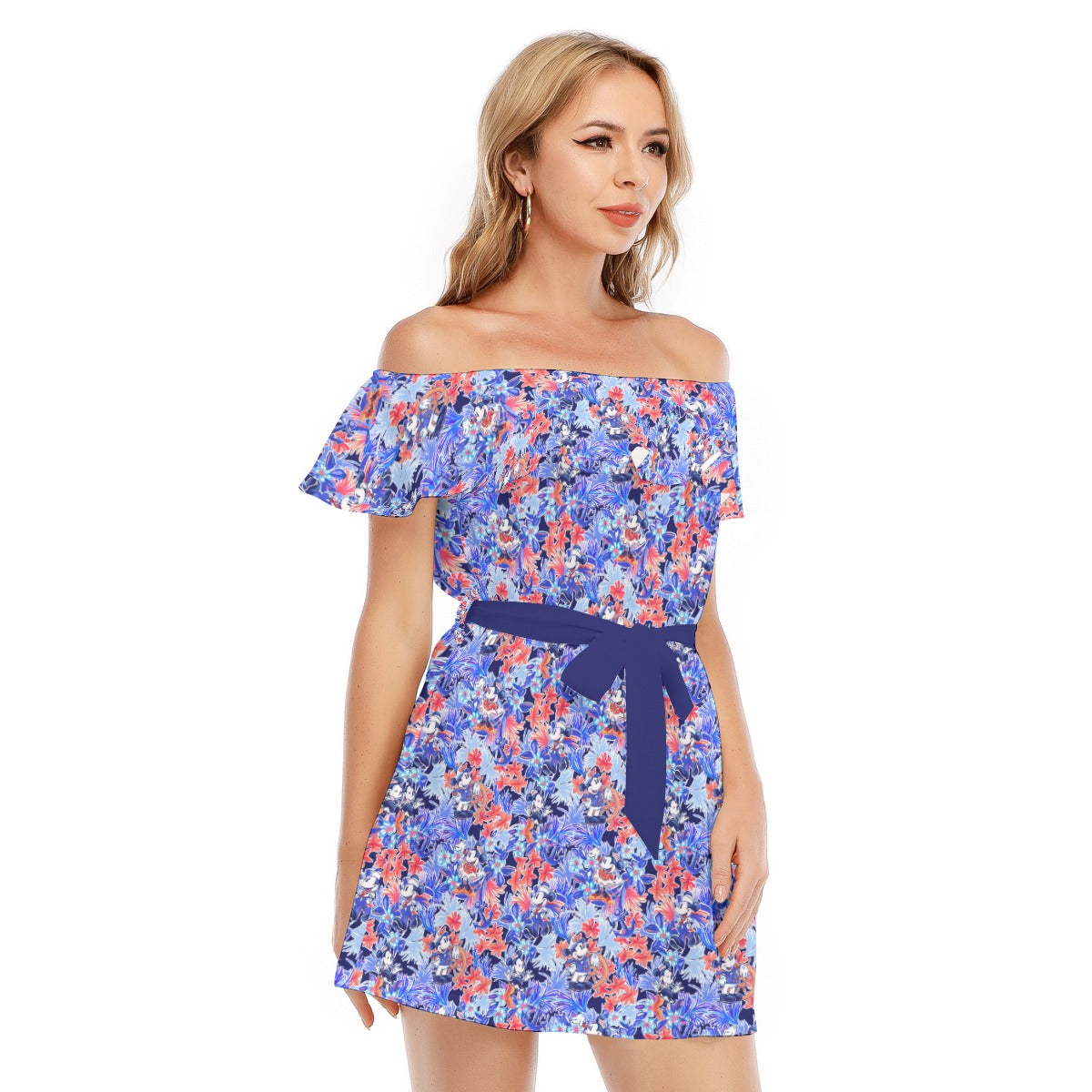 Navy Blooms Cruise - Women's Off-shoulder Ruffle Dress