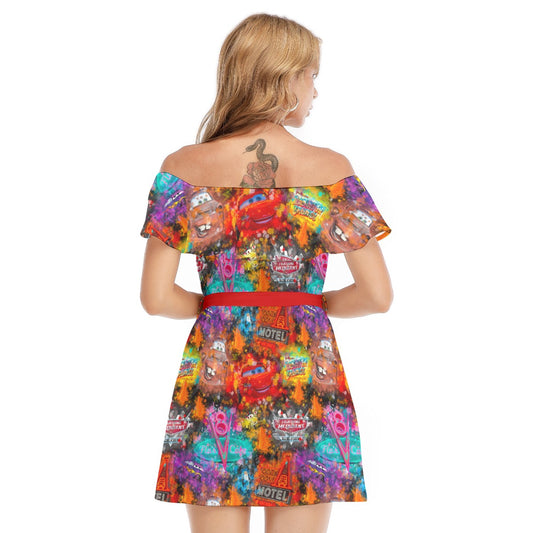 Watercolor Racing Adventure - Women's Off-shoulder Ruffle Dress
