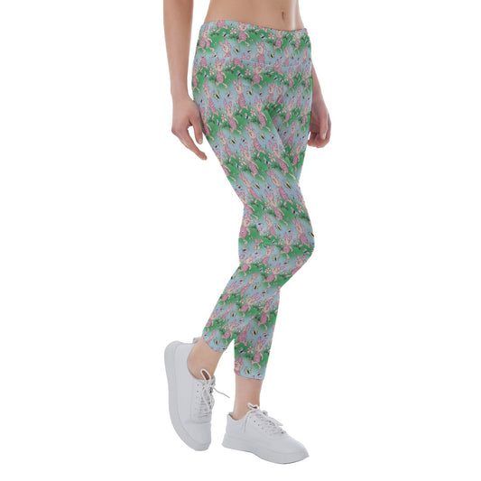Sketched Shy Friend and Butterflies - Women's Yoga Leggings